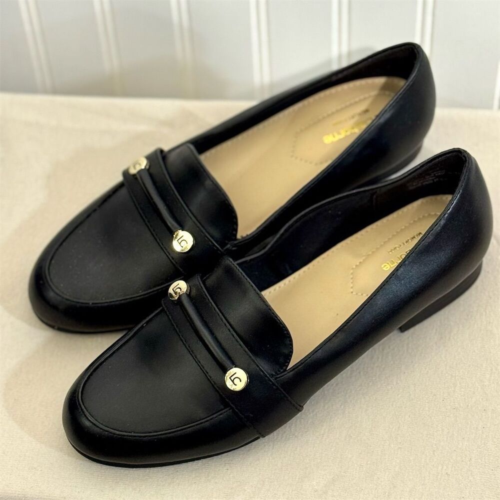 Liz Claiborne Black Loafers with Gold Accents
